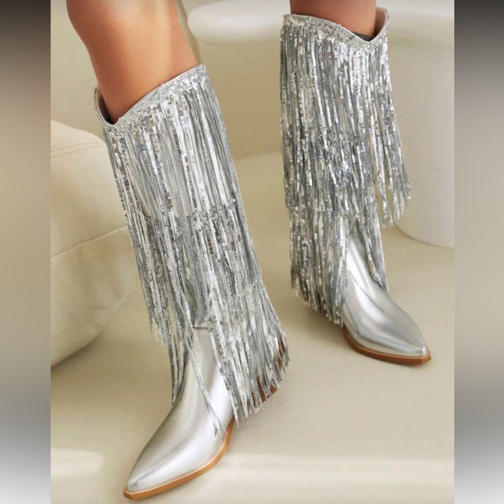 Silver sequin fringe cowboy boots tassels metallic vegan leather western - Picture 6 of 8